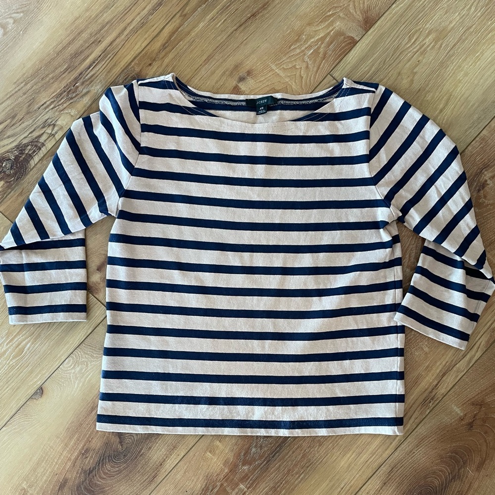 JCrew XS Tan and Navy Boatneck Top